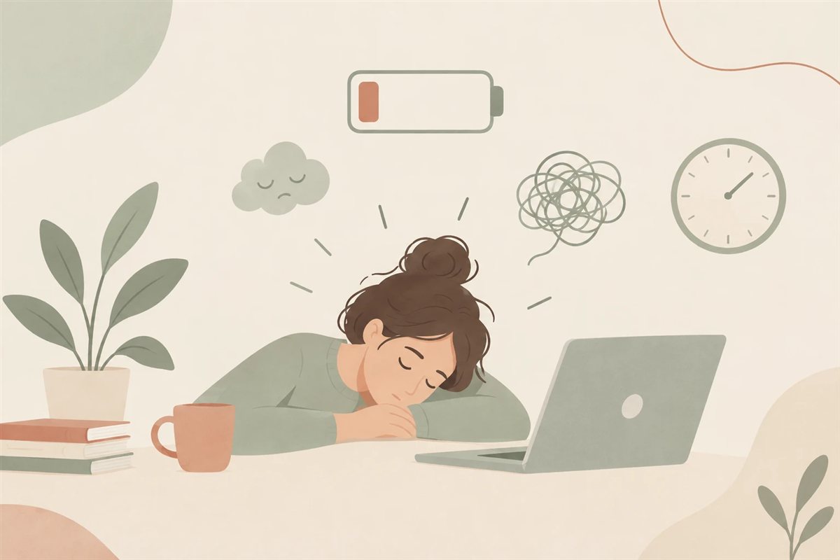 Ilustración de una mujer agotada apoyada en la mesa junto al portátil, con una batería baja: cansancio que no se va al dormir