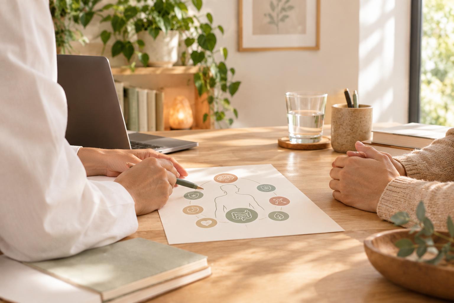 Consulta de Psiconeuroinmunología con diagrama de los sistemas del cuerpo
