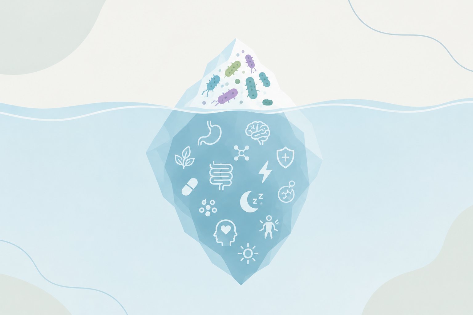 Ilustración de un iceberg: las bacterias del SIBO en la punta y, bajo el agua, digestión, sistema nervioso, inmunidad, sueño y emociones