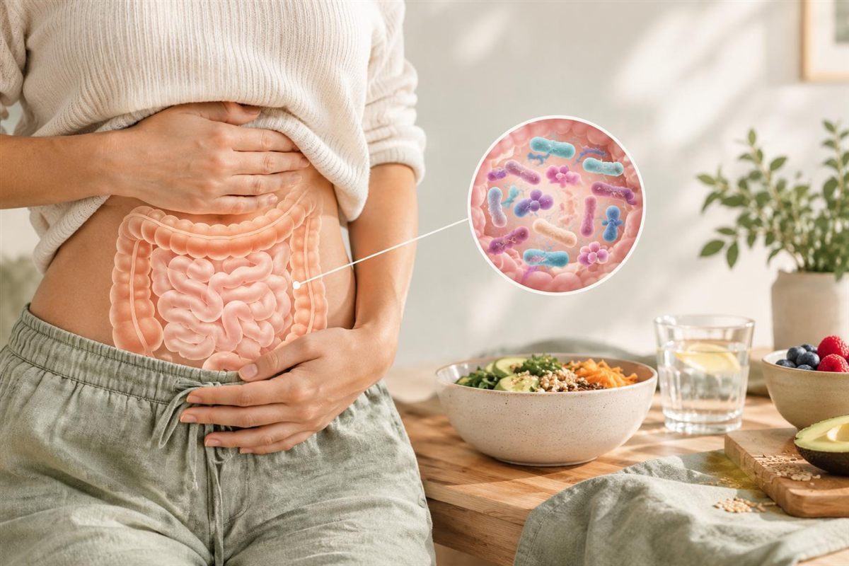 Mujer con las manos en el abdomen e ilustración del intestino y su microbiota, SIBO