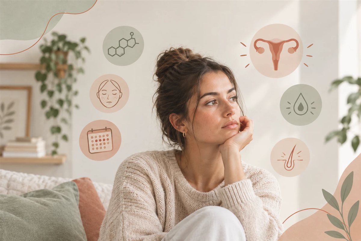 Mujer pensativa rodeada de iconos del SOP: hormonas, ciclo menstrual, piel, ovarios, glucosa y pelo